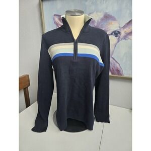 Eddie Bauer Women's Large Navy Blue Striped 1/4 Zip Cotton Pullover Knit Sweater